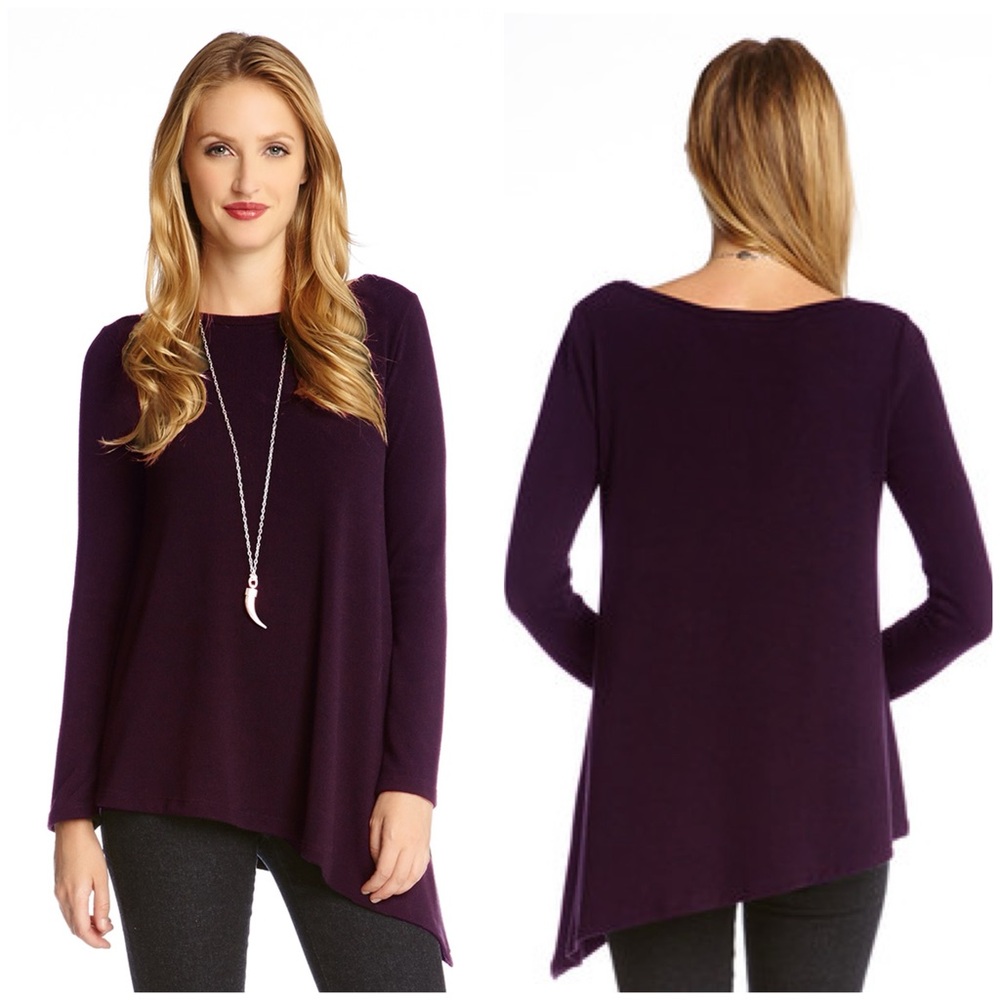 Brushed Knit Asymmetric Hem Longsleeve Tunic Top | Karen Kane, XL | Eggplant